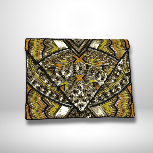 Decorative clutch bag with geometric pattern on a light gray background