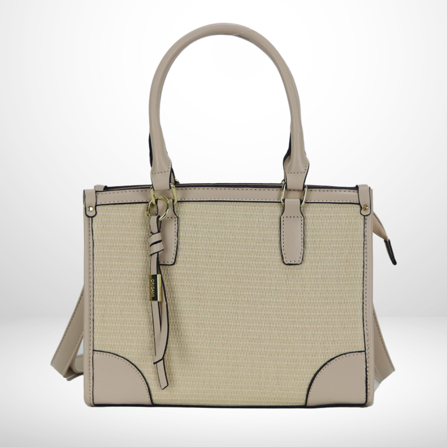 Beige handbag with a textured pattern on a white background