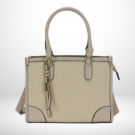 Beige handbag with a textured pattern on a white background