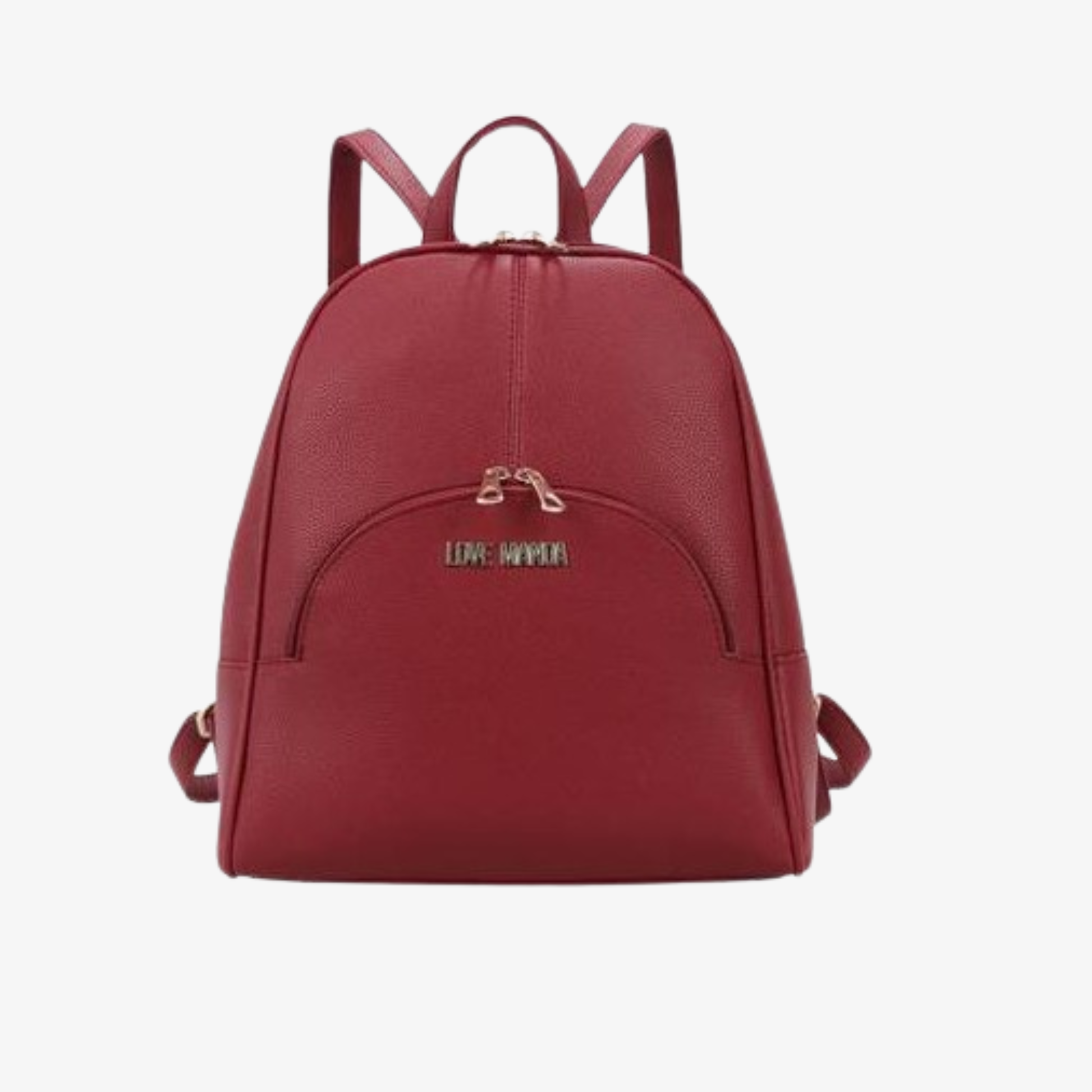 Red faux leather backpack with rounded top, front zip pocket, and metallic logo from InStyle Fashion HK