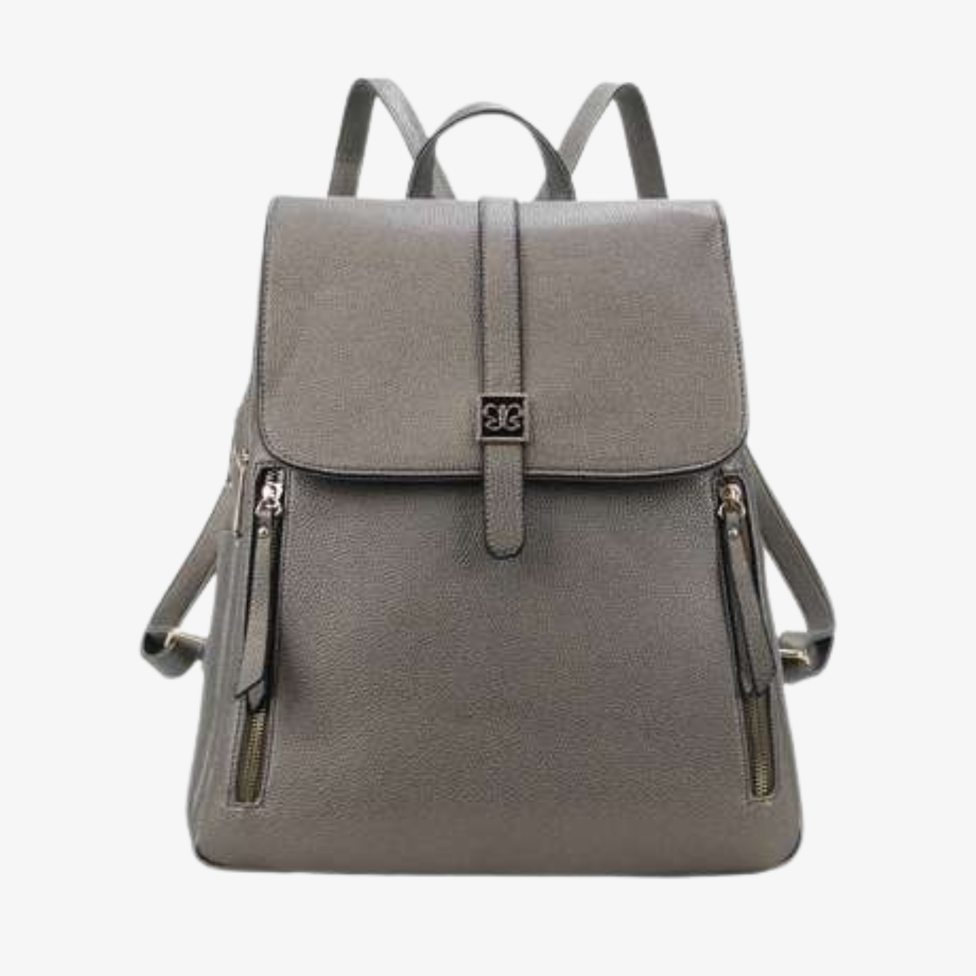 Gray faux leather backpack with flap closure, logo clasp, and dual vertical zip pockets