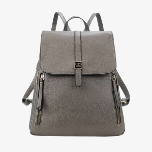 Gray faux leather backpack with flap closure, logo clasp, and dual vertical zip pockets