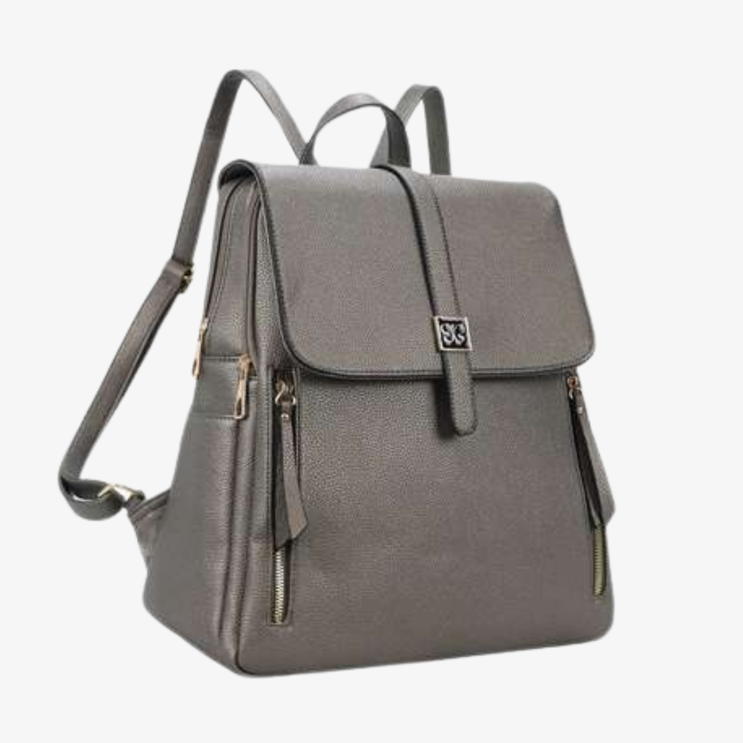 Gray faux leather backpack with flap closure, logo clasp, and dual vertical zip pockets