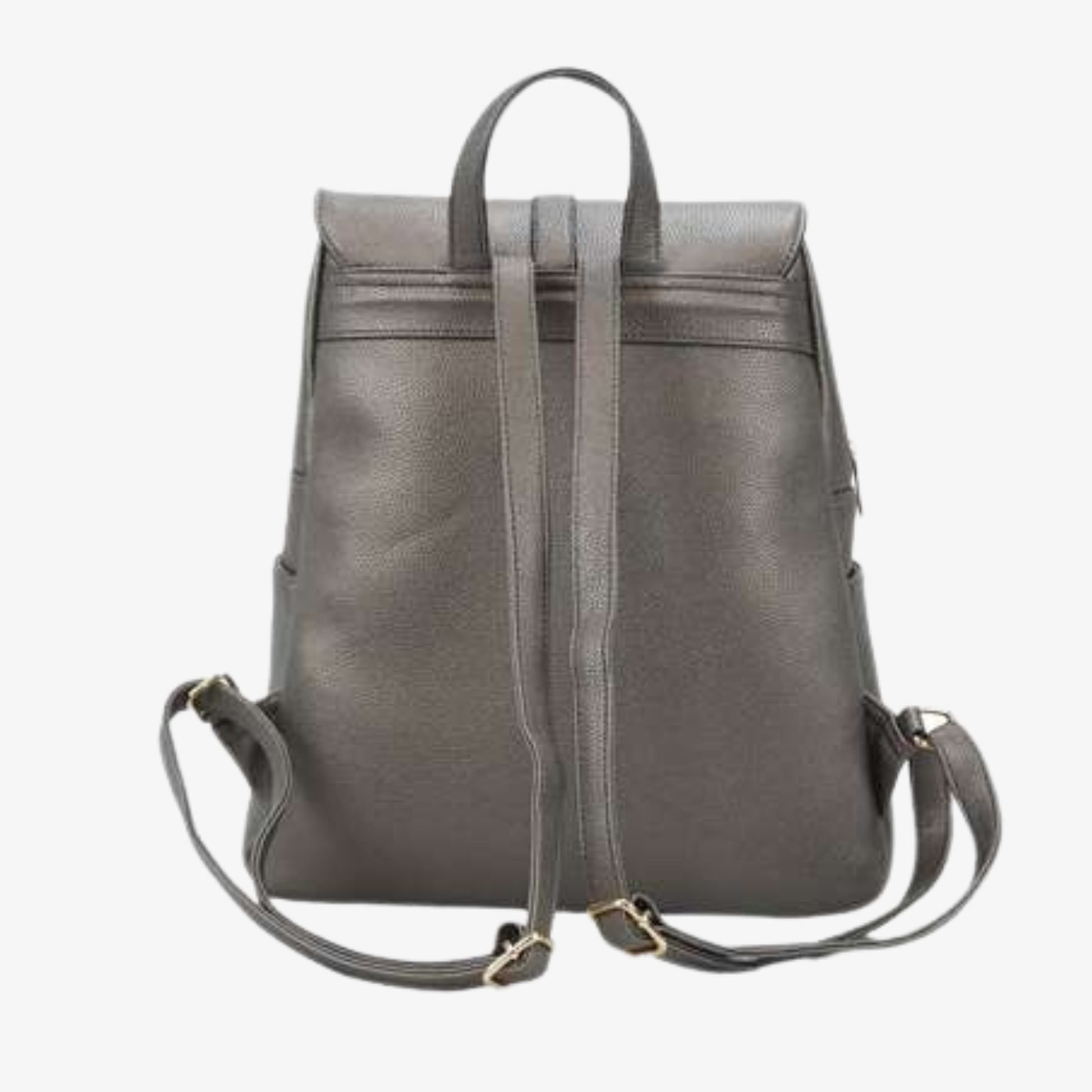 Gray faux leather backpack with flap closure, logo clasp, and dual vertical zip pockets