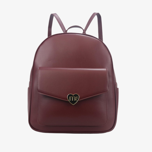 Burgundy faux leather backpack with smooth texture, front flap pocket, and gold heart clasp