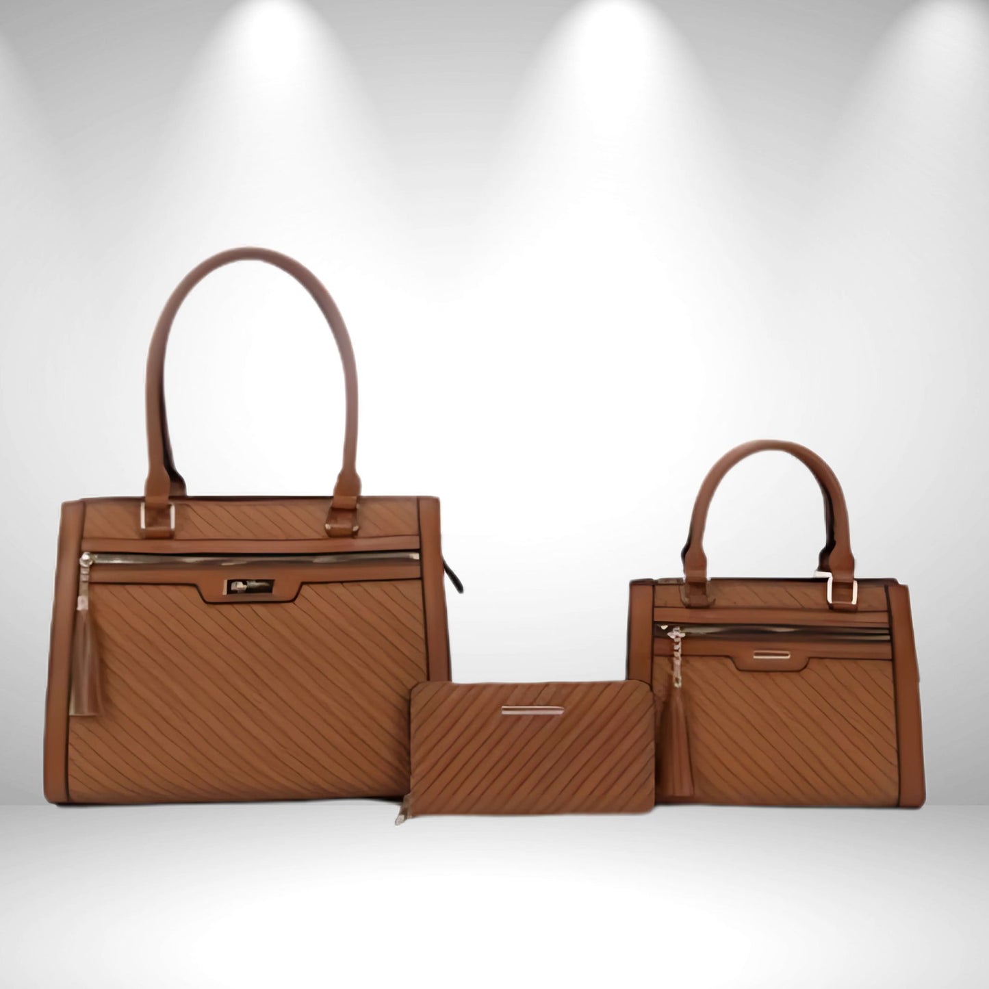 Brown 3 piece Textured Bag Set with Mini Tote