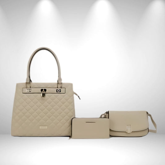 Beige 3 piece Bag Set with Quilted Design