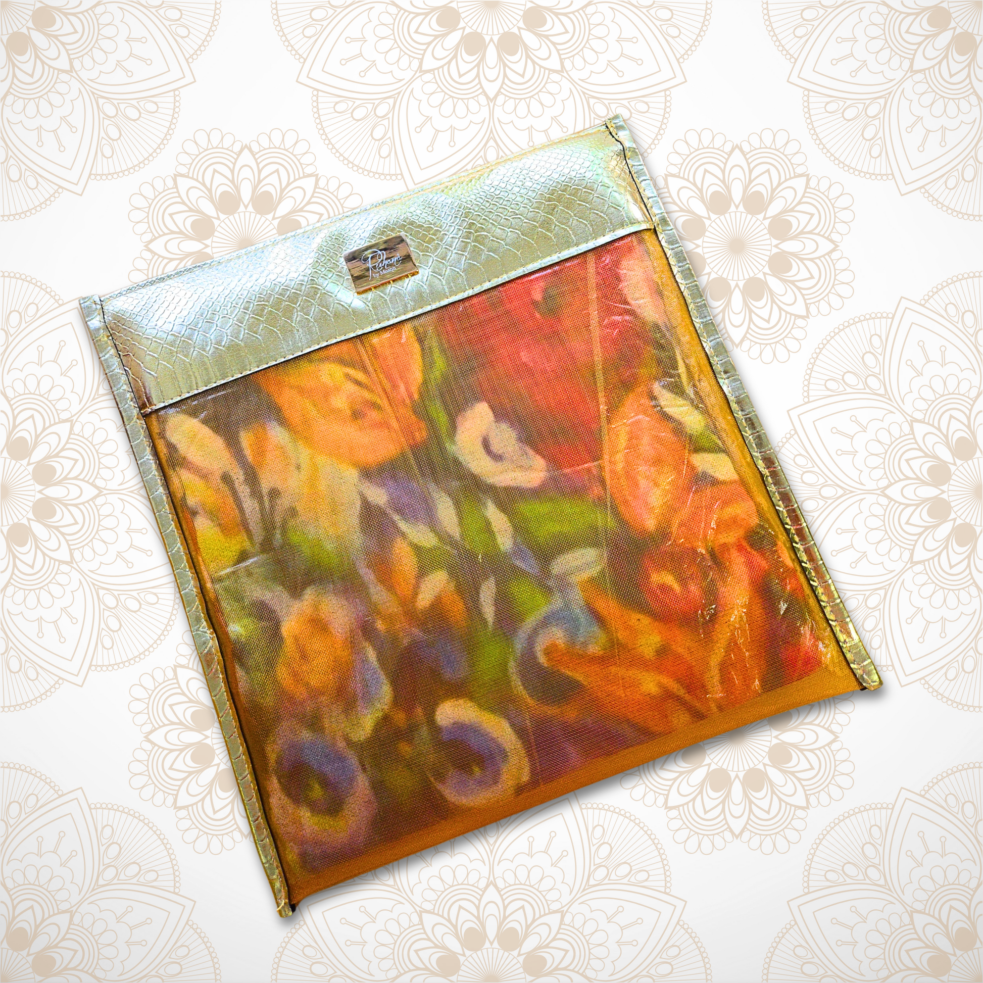 Gold pouch with metallic edge containing a folded colourful scarf
