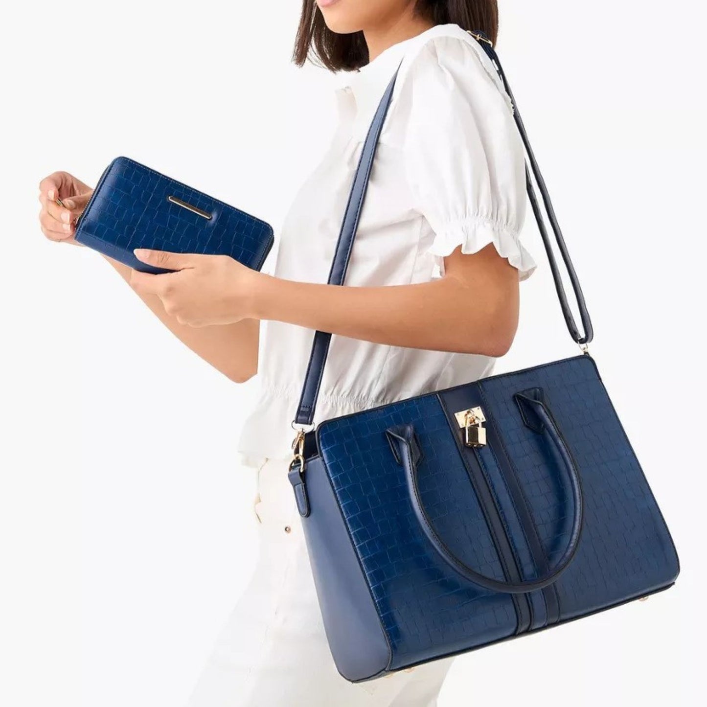 Navy Textured 3 Piece Tote Bag with Crossbody Bag and Wallet Set