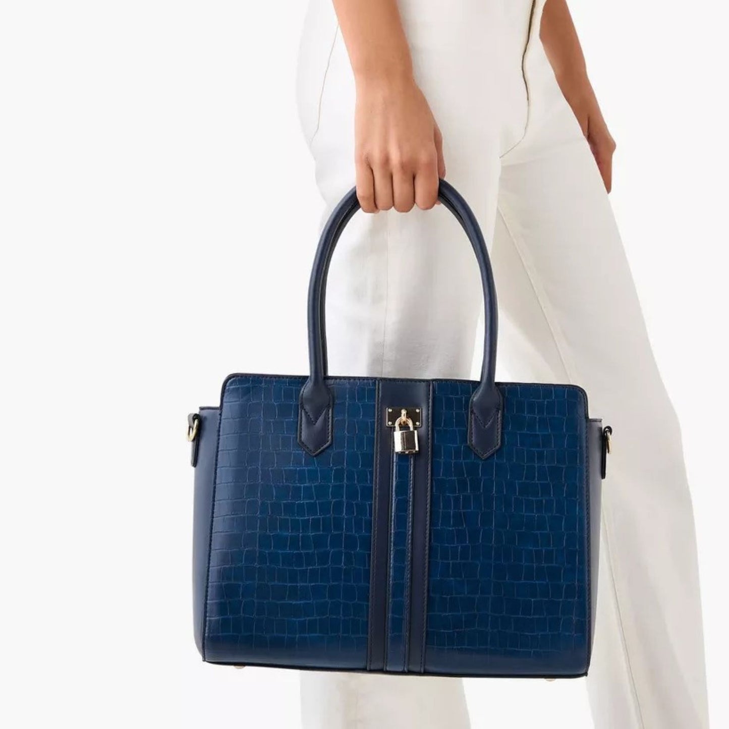 Navy Textured 3 Piece Tote Bag with Crossbody Bag and Wallet Set