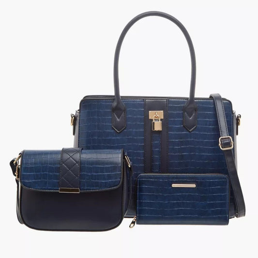 Navy Textured 3 Piece Tote Bag with Crossbody Bag and Wallet Set