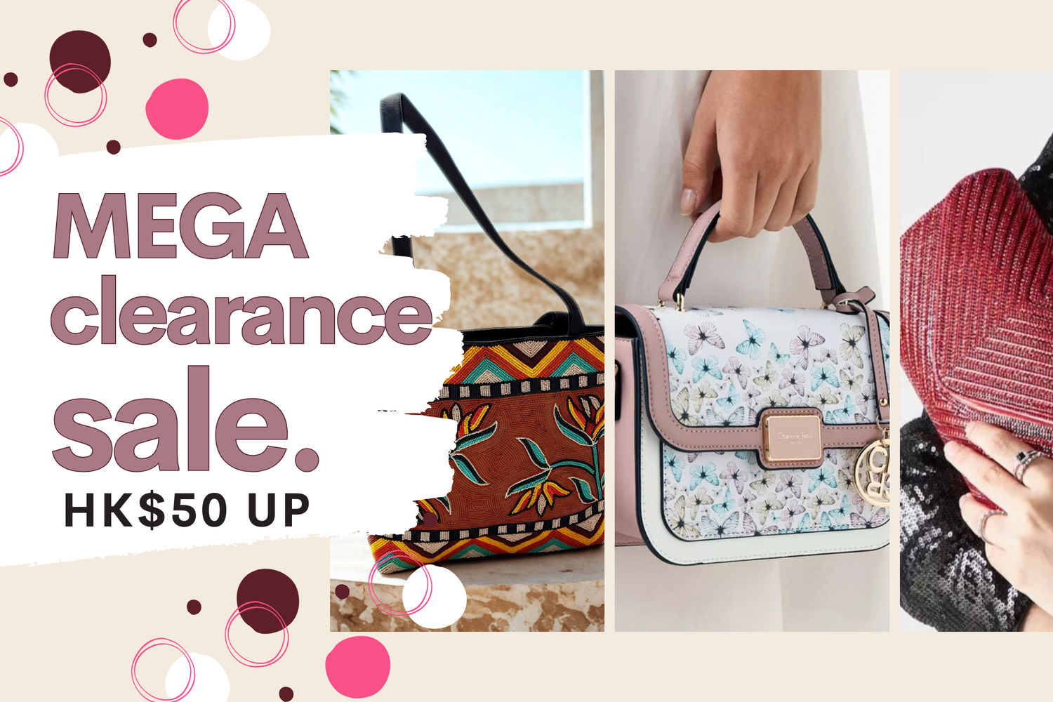 Promotional image for a mega clearance sale with handbags.