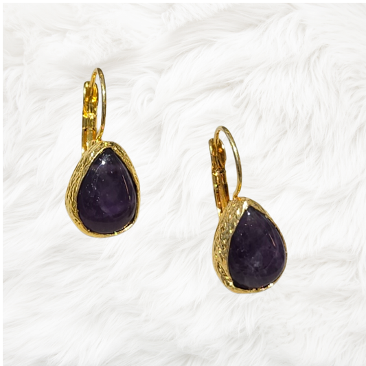 Handcrafted teardrop earrings with 0.5" Purple Amethyst stones in 24K gold-plated silver. Each pair is unique with natural gemstone variations.