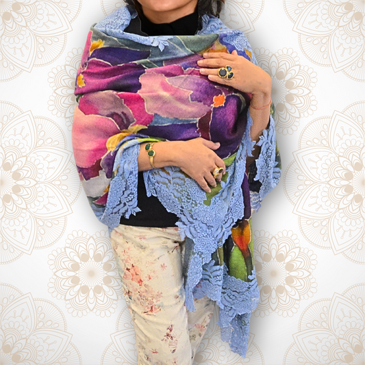 Blue Iris Pashmina Stole with Blue Lace