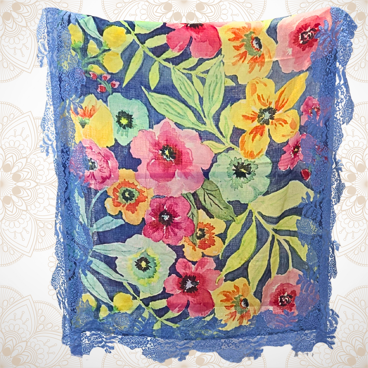 Blue Floral Garden Pashmina Stole with Blue Lace