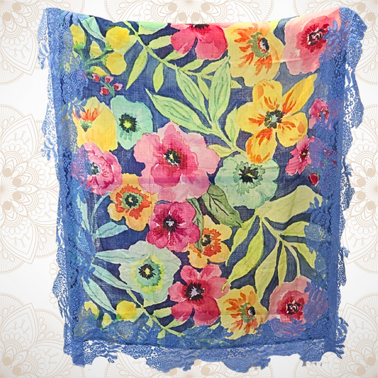 Blue Floral Garden Pashmina Stole with Blue Lace