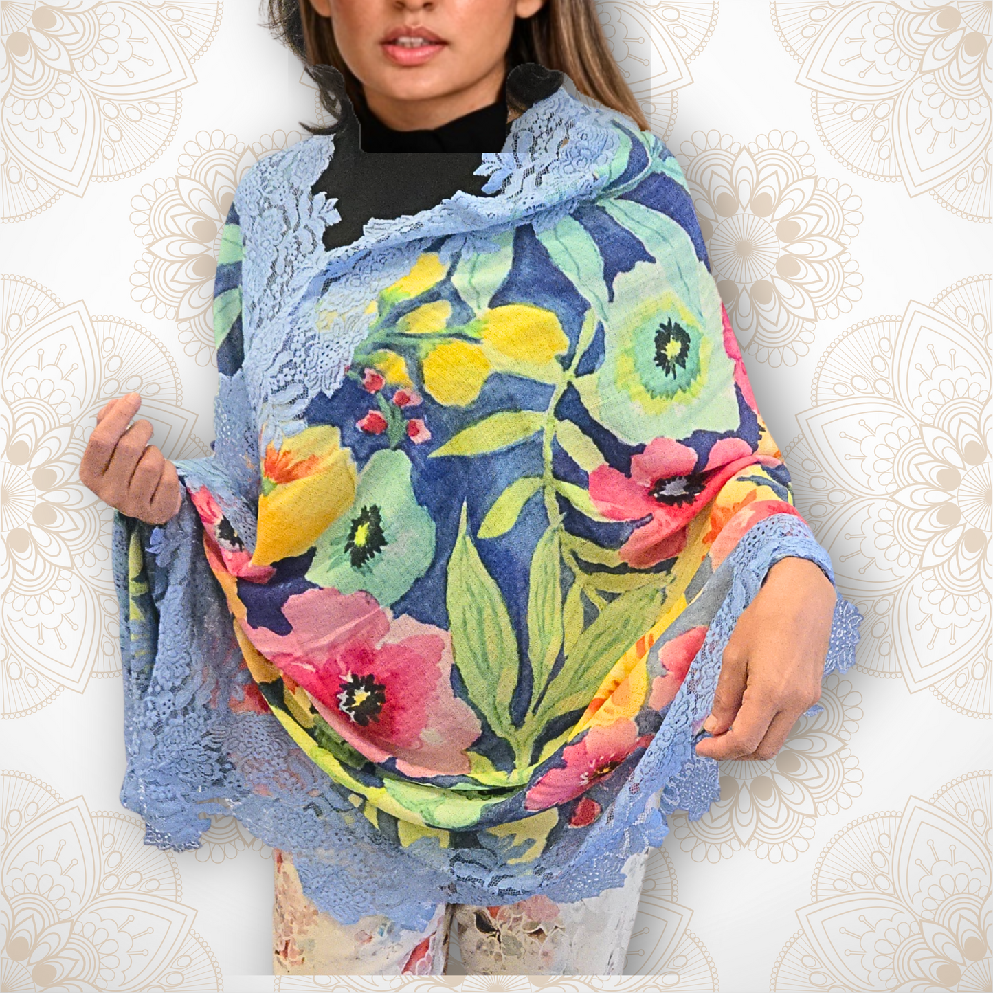 Blue Floral Garden Pashmina Stole with Blue Lace