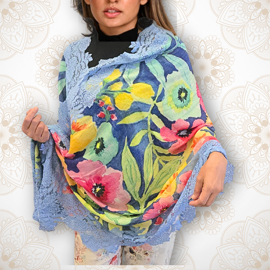 Blue Floral Garden Pashmina Stole with Blue Lace