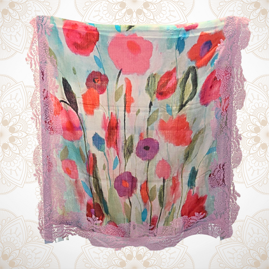 Pink & Cream Poppies Pashmina Stole with Pink Lace