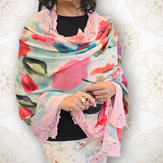 Pink & Cream Poppies Pashmina Stole with Pink Lace