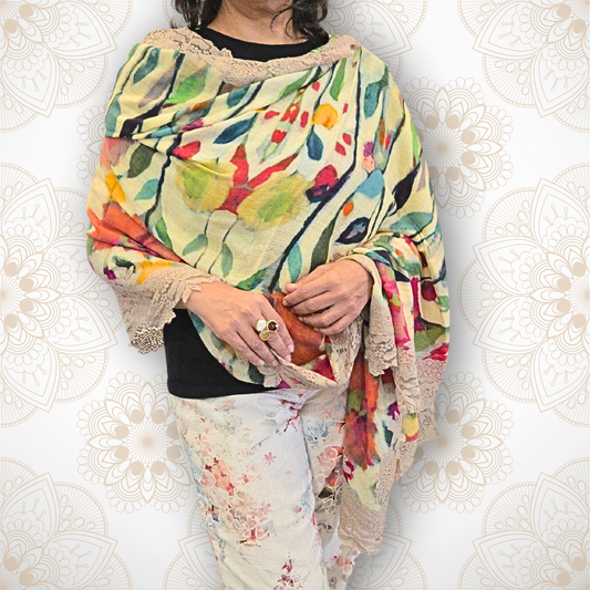 Poppies on Lemon Pashmina Stole with Beige Lace