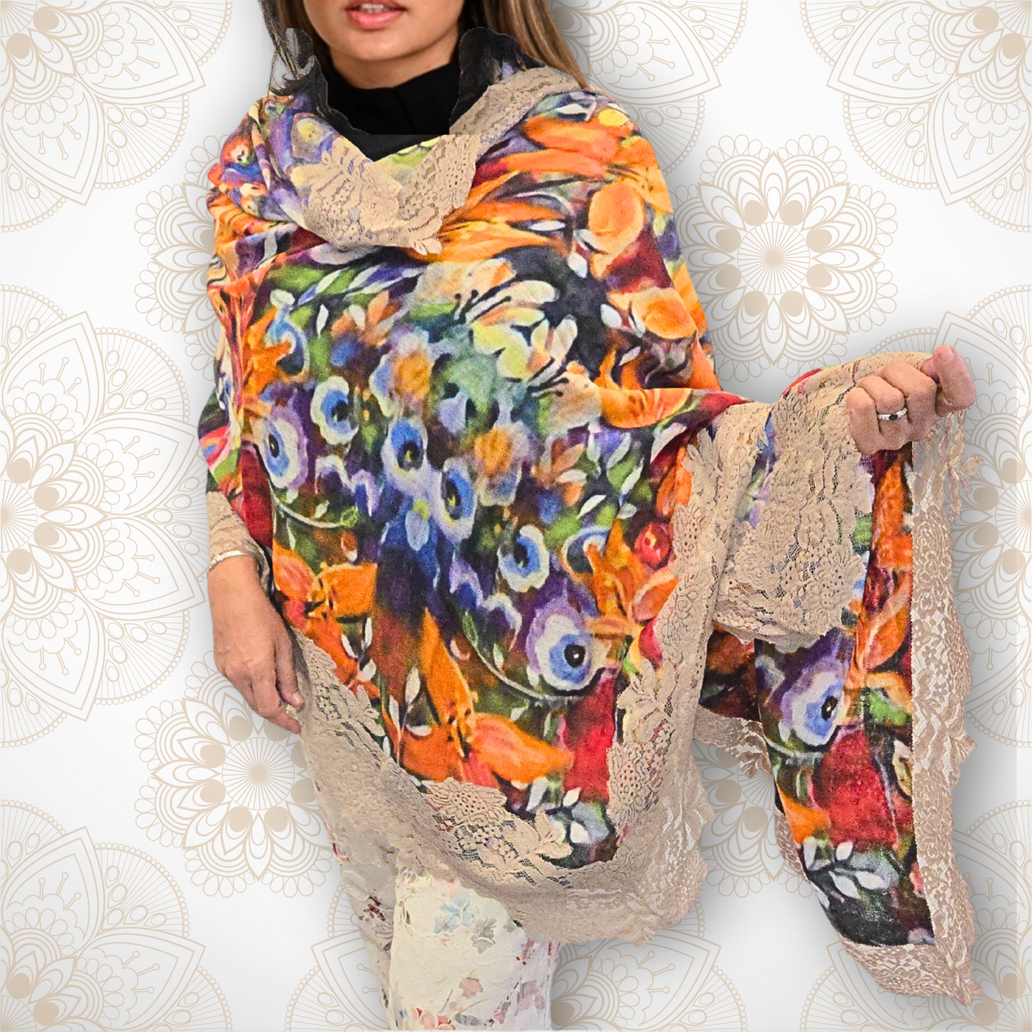 Woman wearing a colorful floral scarf with intricate patterns on a white background