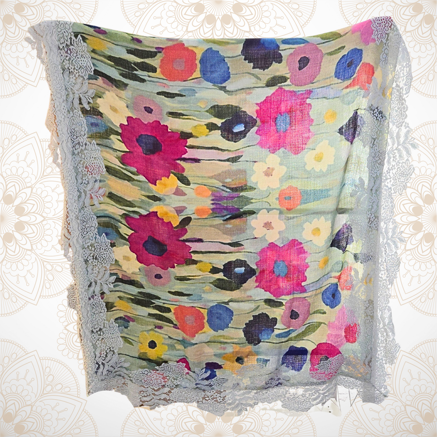Garden of Poppies Pashmina Stole with Blue Lace