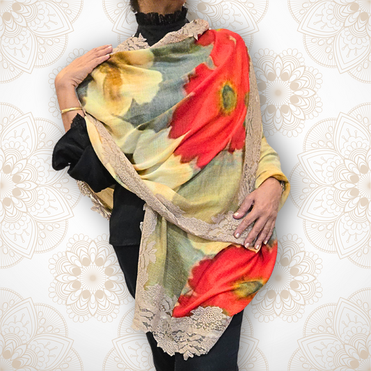 Yellow & Red Blooms Floral Pashmina Stole with Beige Lace