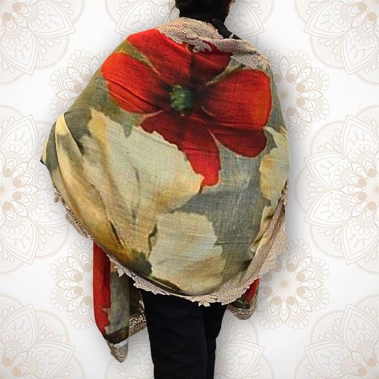 Yellow & Red Blooms Floral Pashmina Stole with Beige Lace