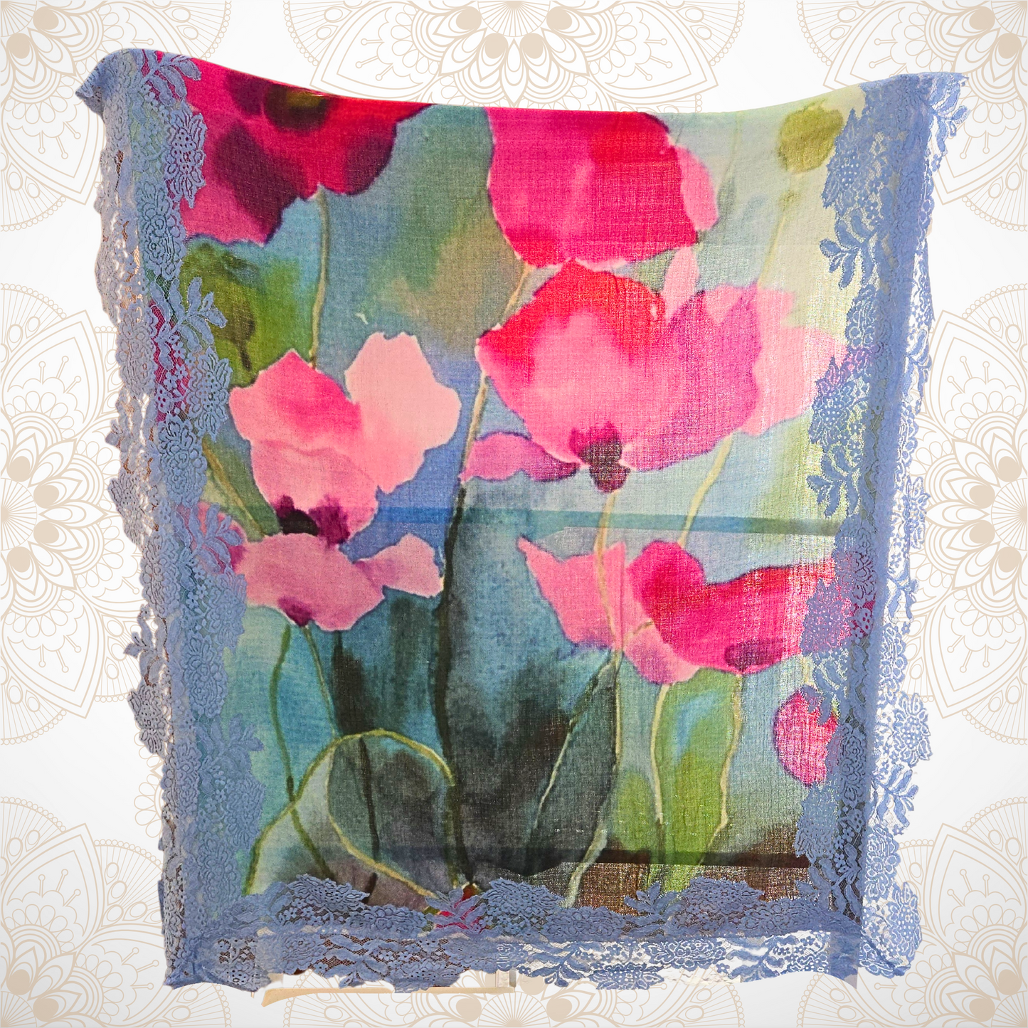 Red & Pink Stemmed Blooms Printed Pashmina Stole with Blue Lace
