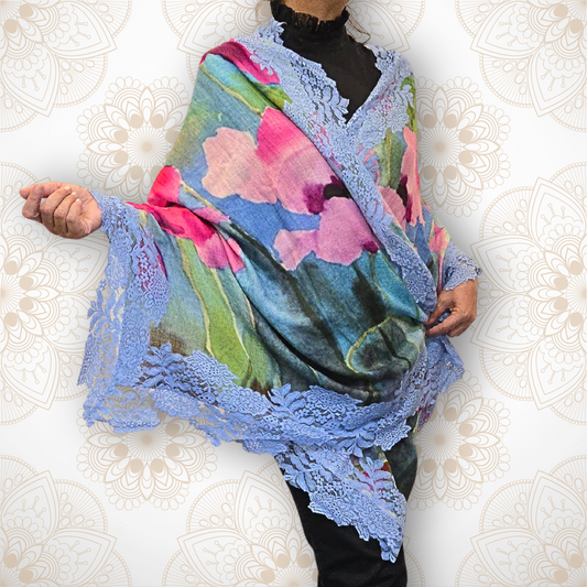 Red & Pink Stemmed Blooms Printed Pashmina Stole with Blue Lace