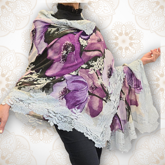 Lavender Bouquet Floral Pashmina Stole with Blue Lace