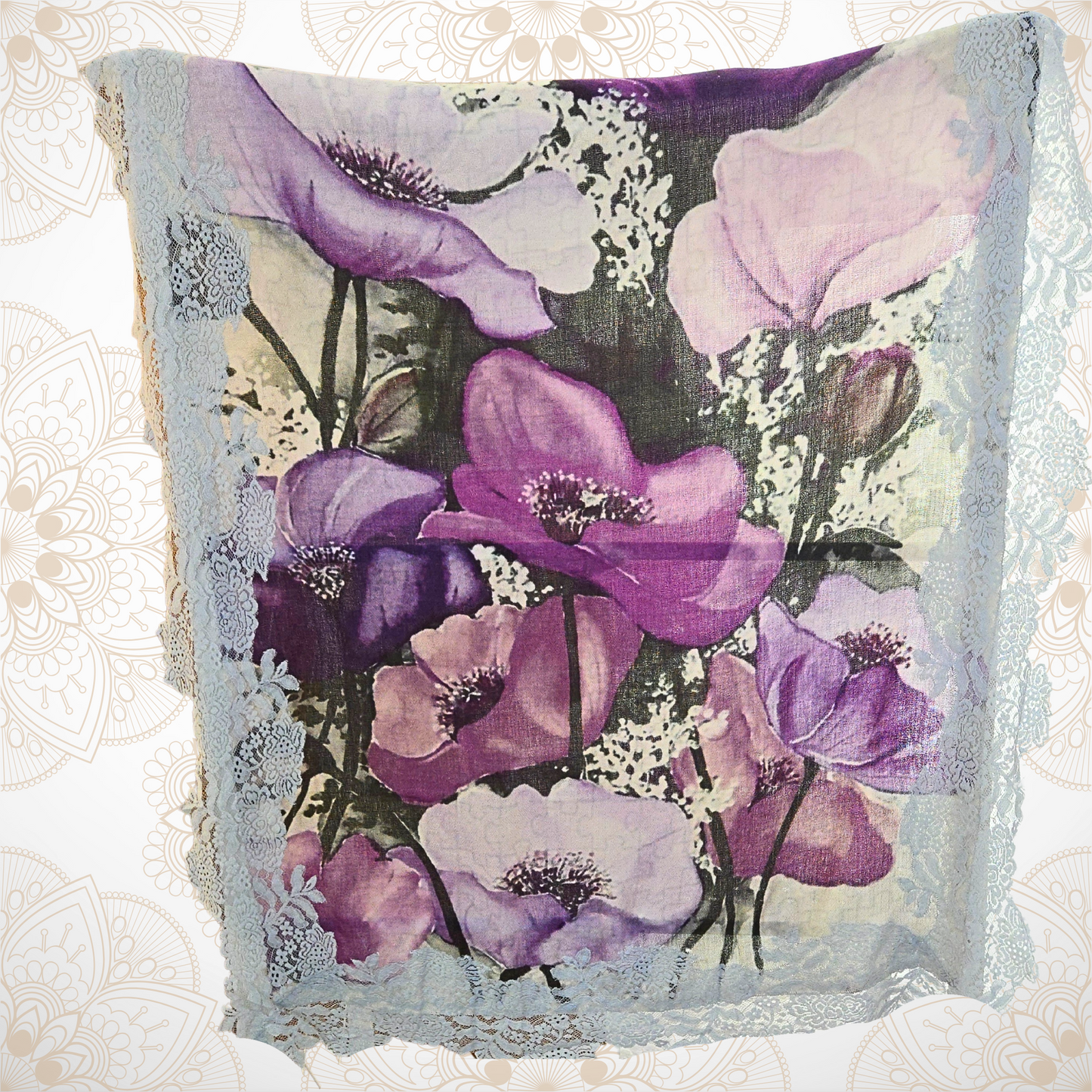 Lavender Bouquet Floral Pashmina Stole with Blue Lace