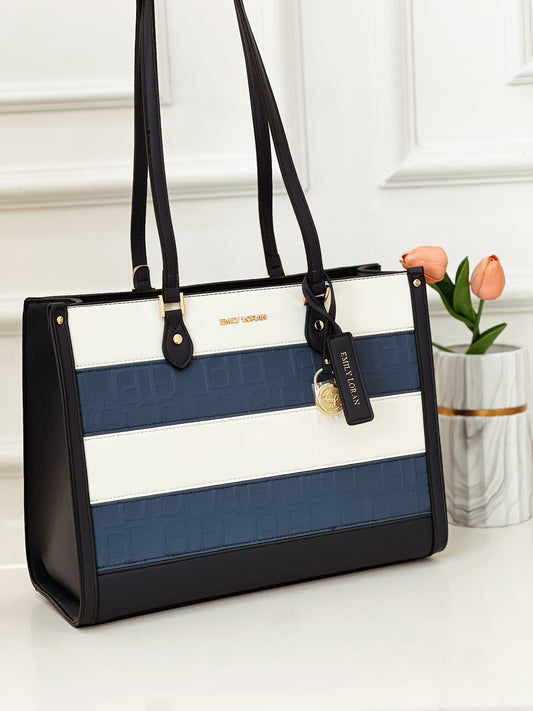 Navy Striped Textured Tote Bag with Zip Closure