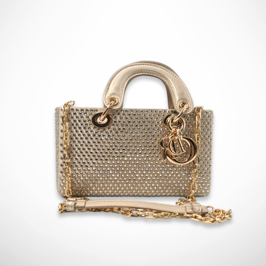 gold embellished mini handbag with crystal studs