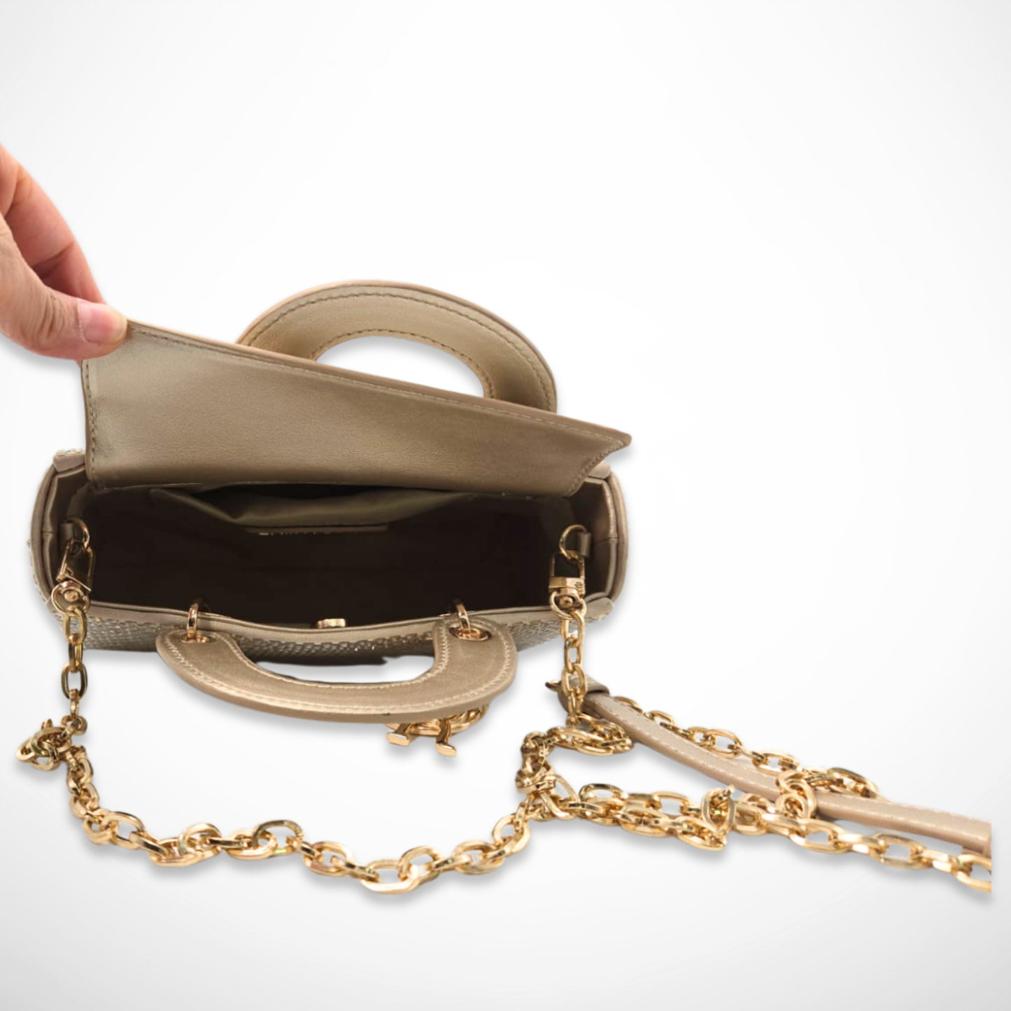 gold embellished mini handbag with crystal studs