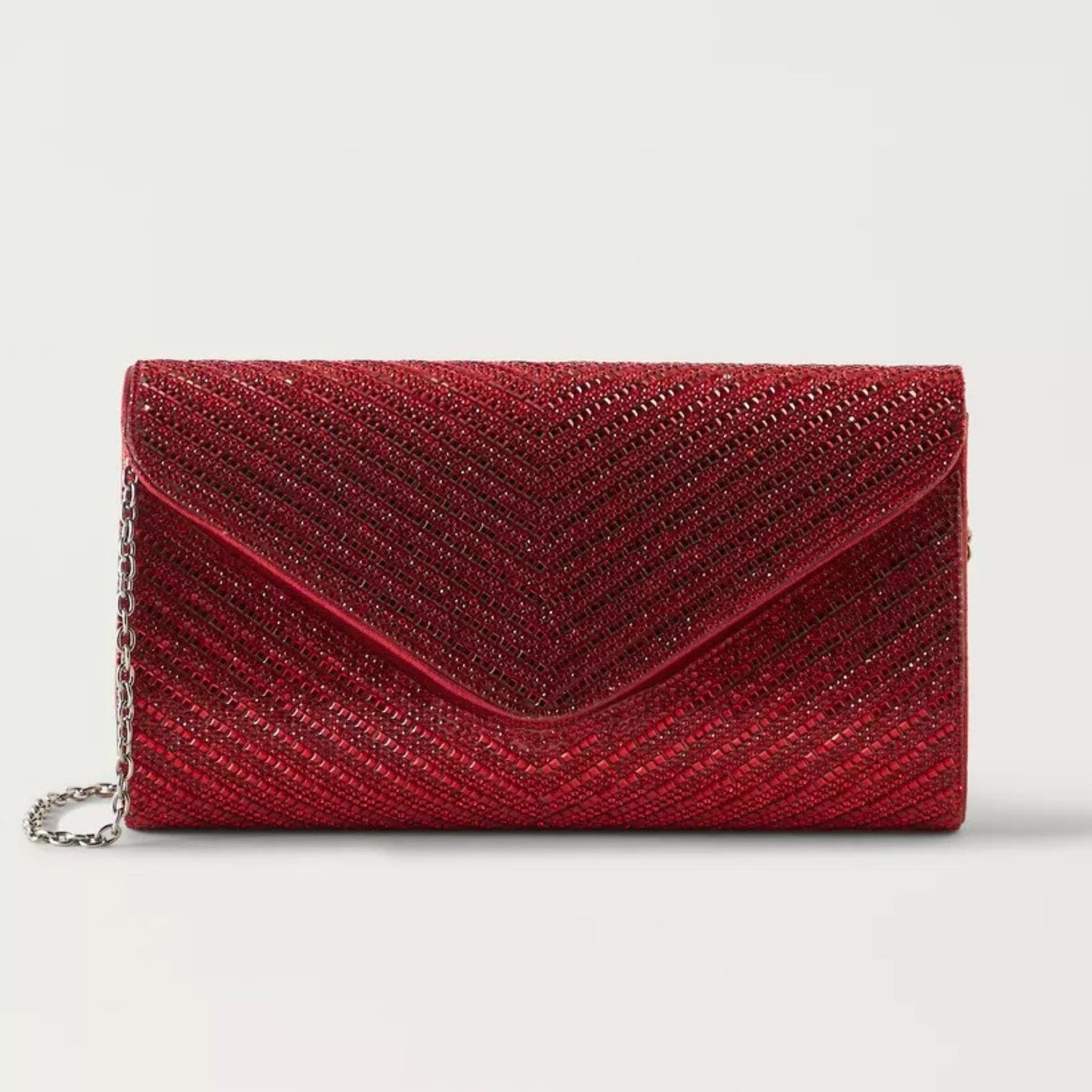 Red Embellished Clutch with Detachable Chain Strap