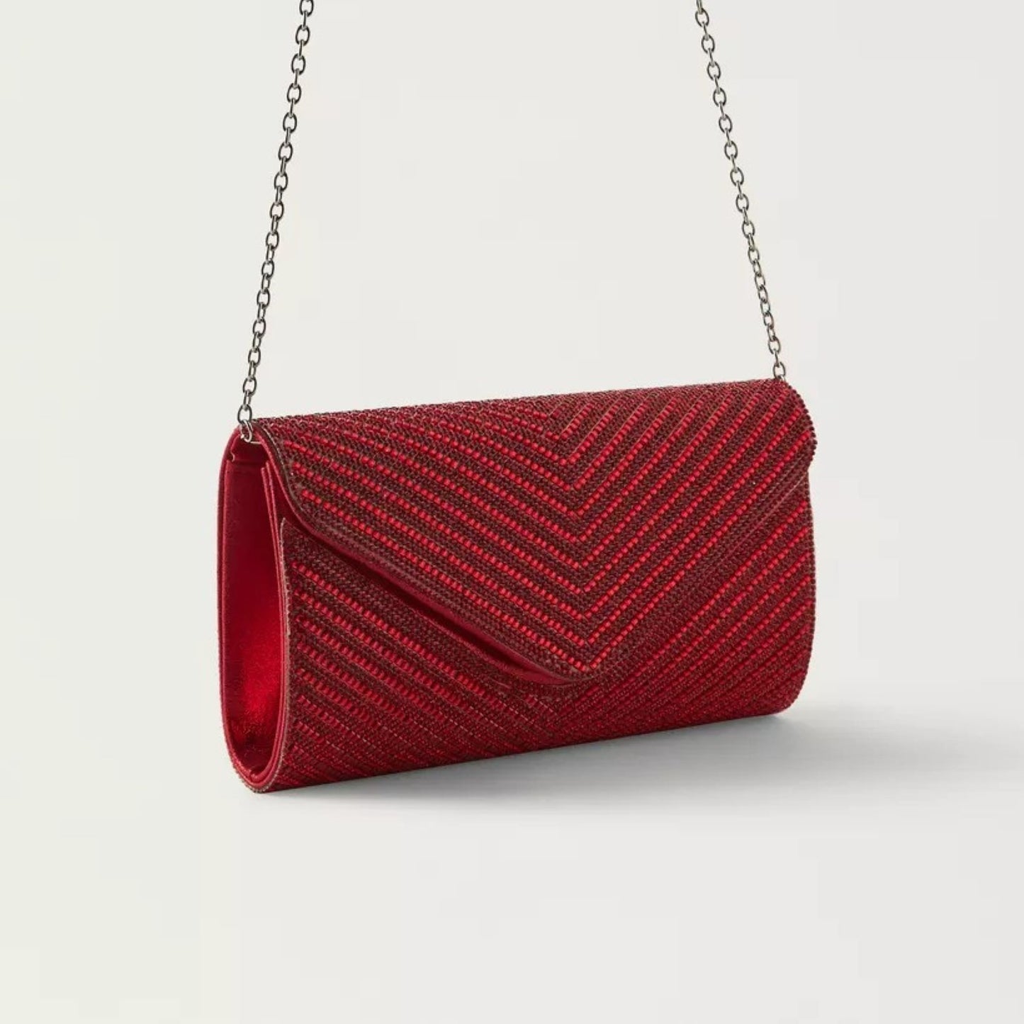 Red Embellished Clutch with Detachable Chain Strap