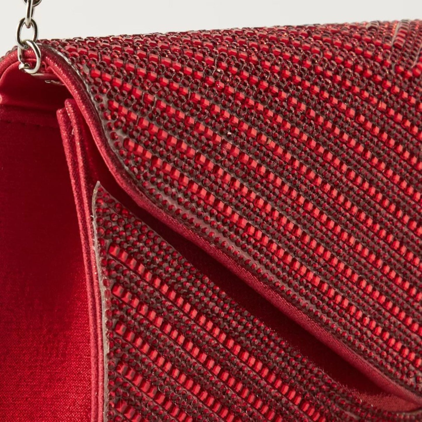 Red Embellished Clutch with Detachable Chain Strap