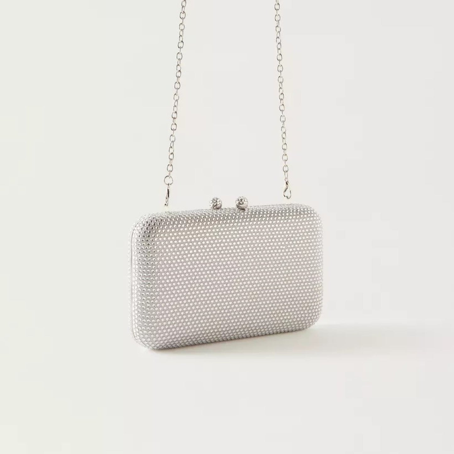 Silver Embellished Box Clutch with Detachable Chain Strap