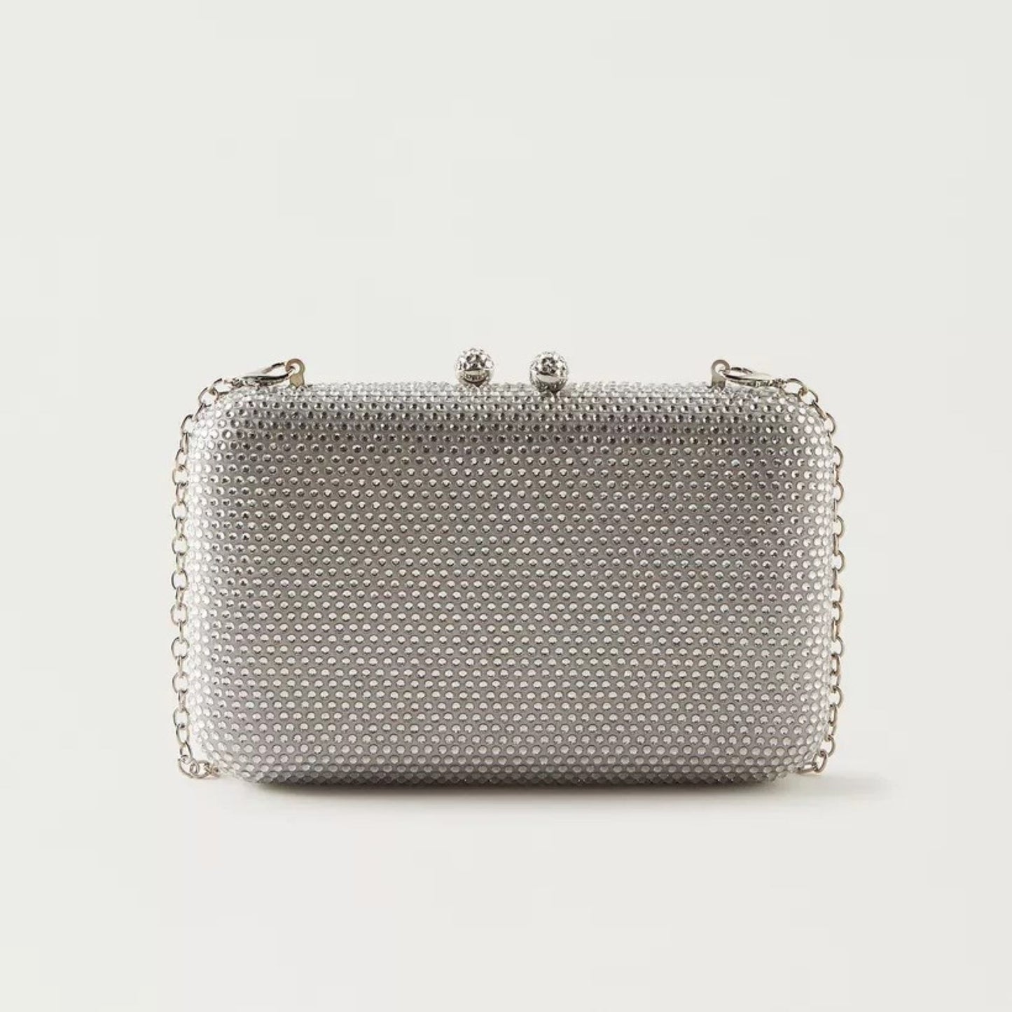 Silver Embellished Box Clutch with Detachable Chain Strap