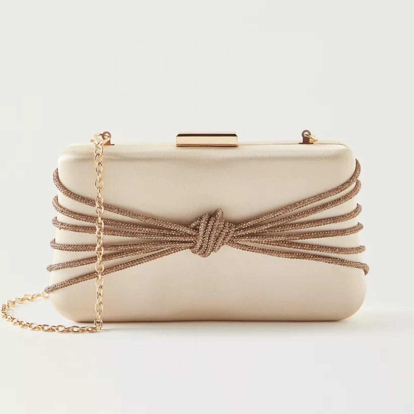 Gold Satin Box Clutch with Knot Detail