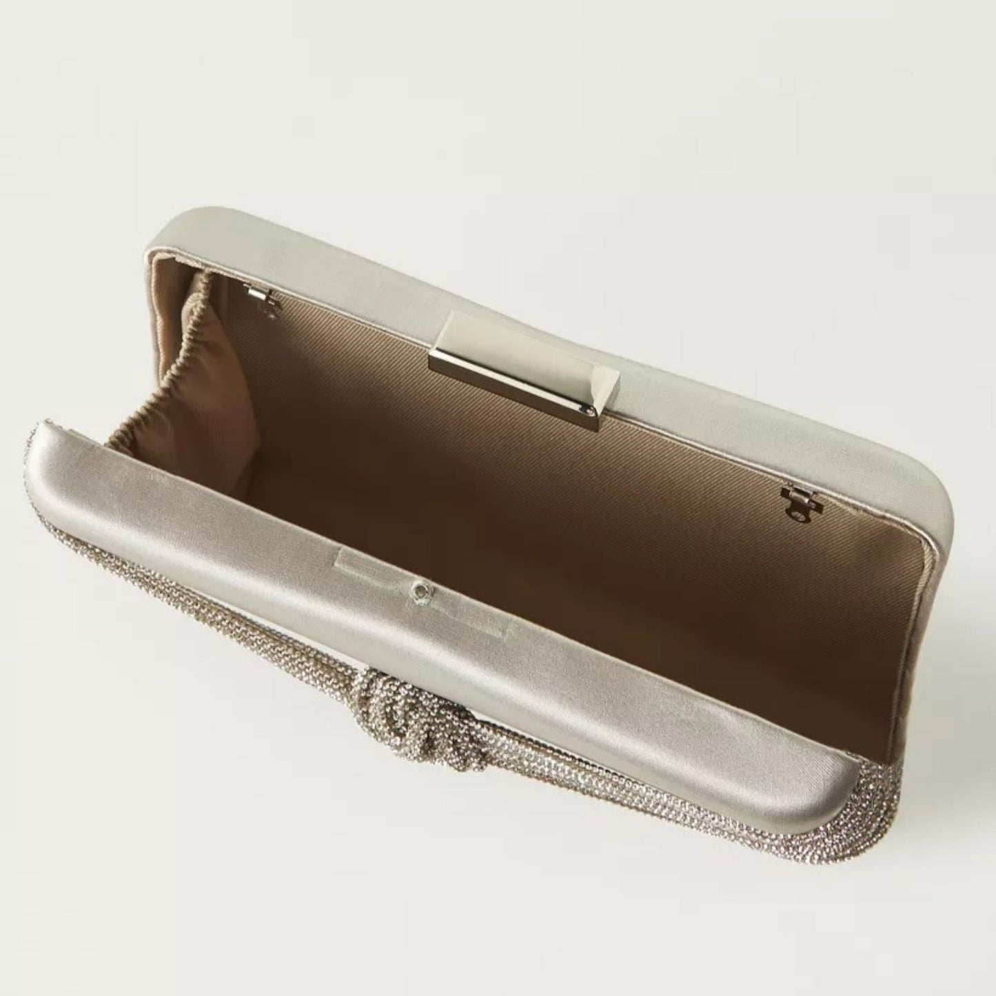 Silver Satin Box Clutch with Knot Detail