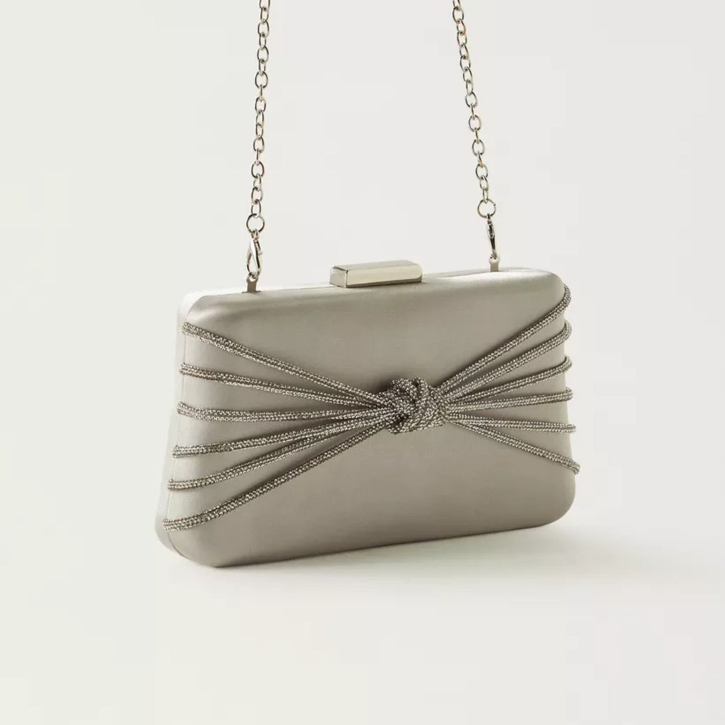 Silver Satin Box Clutch with Knot Detail