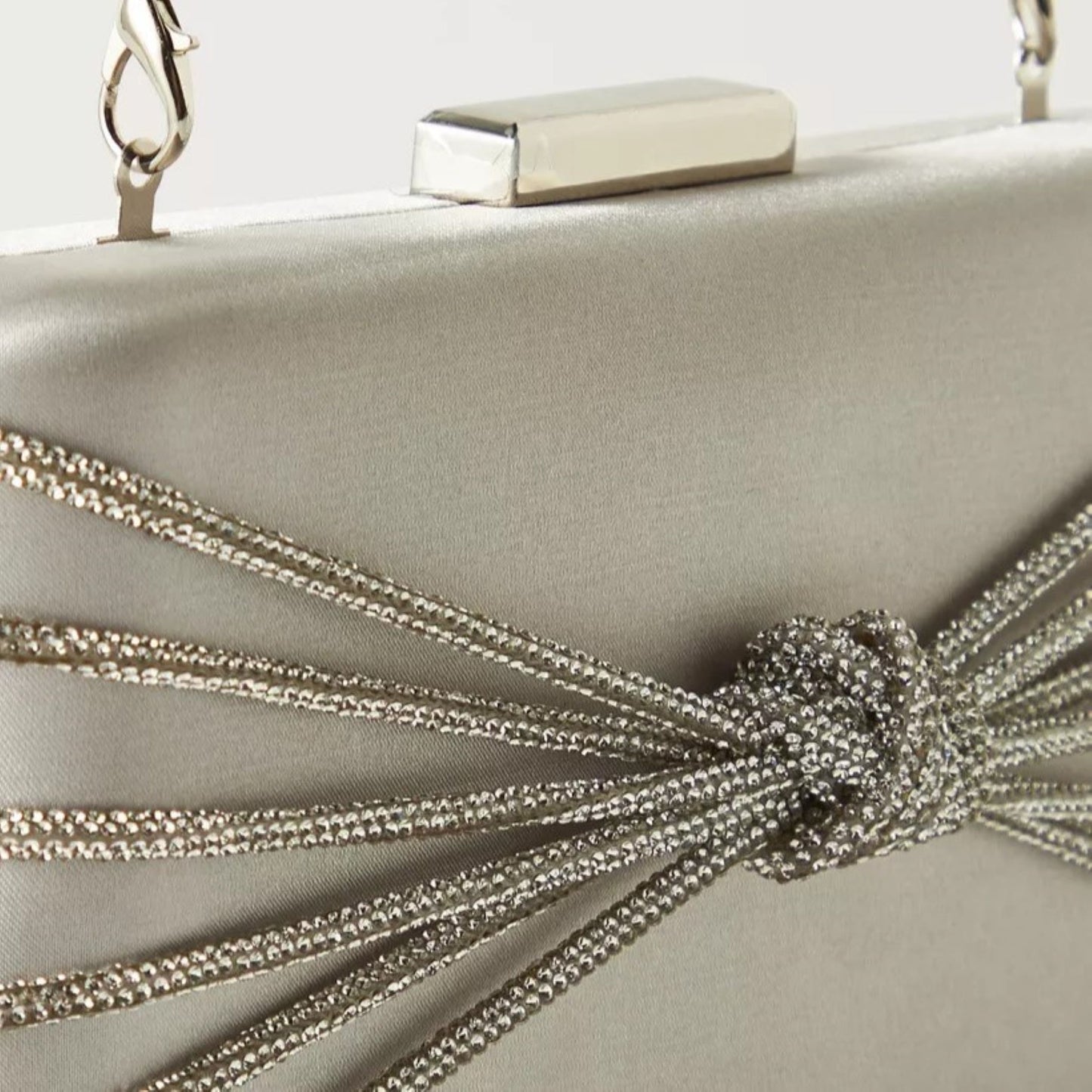 Silver Satin Box Clutch with Knot Detail