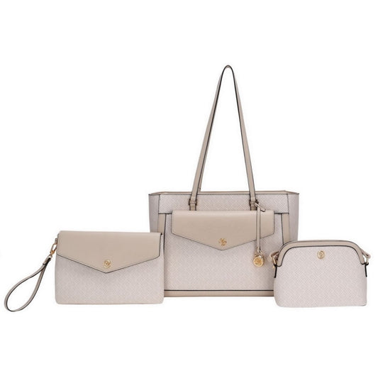Set of 3 handbag set, main shoulder tote, pouch with wristlet wallet and small crossbody in textured material with gold hardware accents, small bag with top zip.