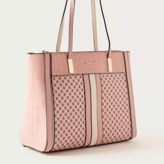 Pink Monogram Printed Tote Bag with Double Handles